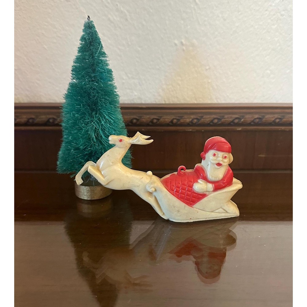 Vintage‎ 1950's Rosbro Santa Claus w/ Reindeer Ornament